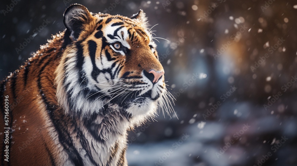 Majestic tiger against winter ambience background with space for text, background image, AI generated