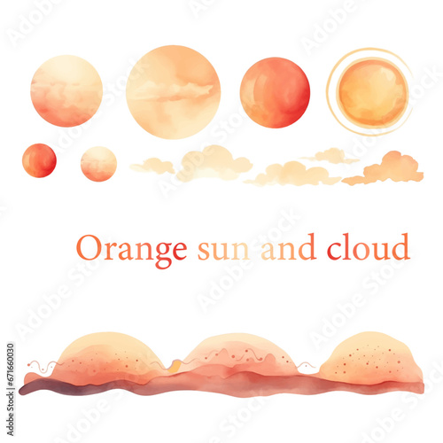 水彩画風赤い太陽と雲のベクターイラスト