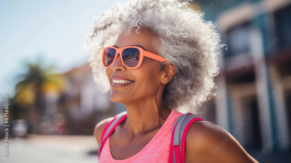 Happy senior african american woman smiling on camera while wearing trendy hat during summer time city street Happy senior african american woman smiling on camera while wearing trendy hat during summer time city street