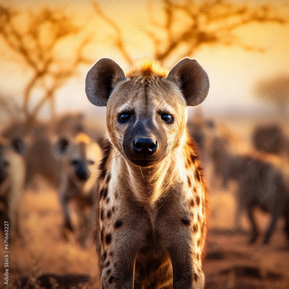 Male Hyena against a herd of Hyenas savanna ambience background with