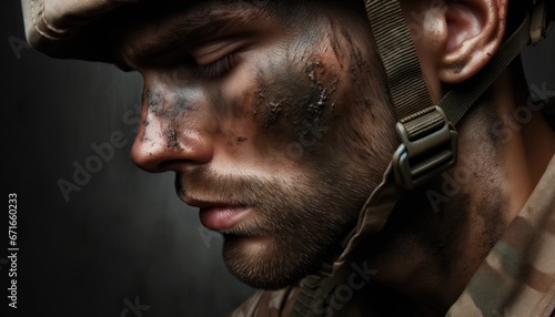 Close up portrait of a Male soldier showcasing the intensity of battle with dirt and sweat photo