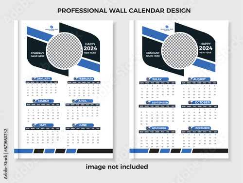 Modern Creative Wall Calendar 2024 Template Design. Print Ready Tow Page wall calendar template design for 2024