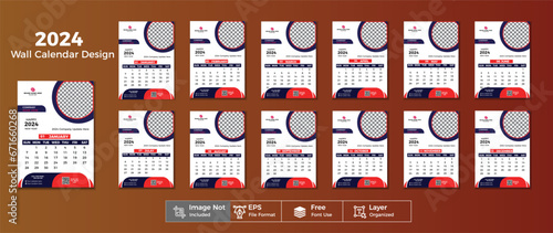 Calendar 2024 template, Set Wall Calendar design with Place for Photo and Company Logo. Wall calendar 2024.