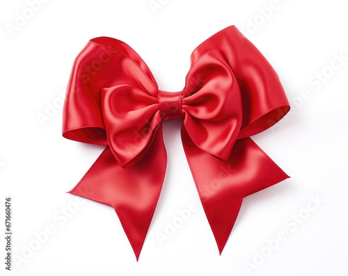 A red satin bow with glossy finish on a white background