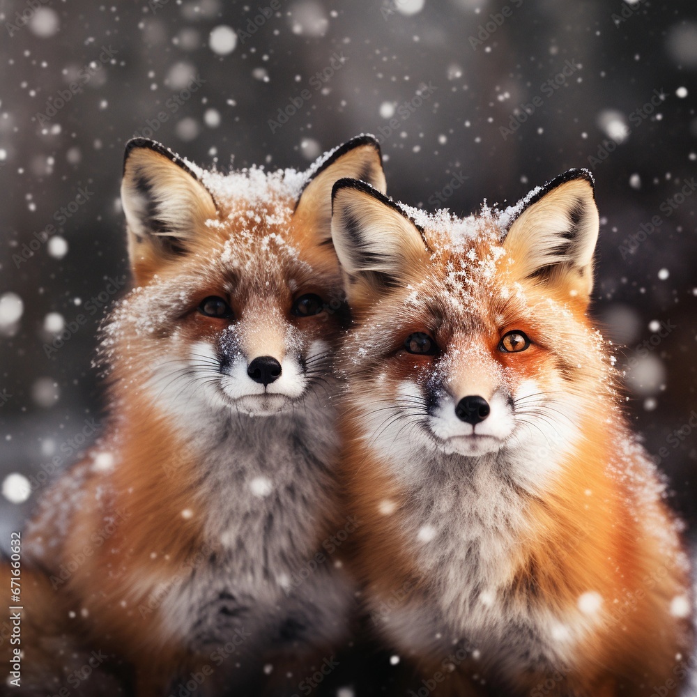 Portrait of a red foxes against white winter snowfall ambience background with space for text, background image, AI generated Portrait of a red foxes against white winter snowfall ambience background with space for text, background image, AI generated