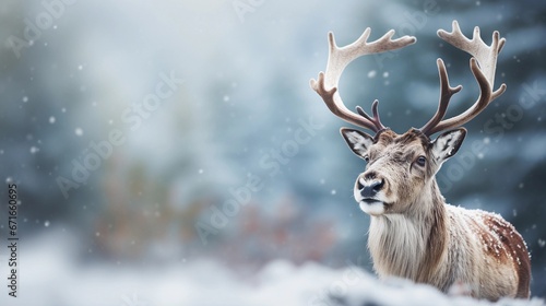Portrait of a Reindeer against winter snowfall ambience background with space for text, background image, AI generated © Hifzhan Graphics