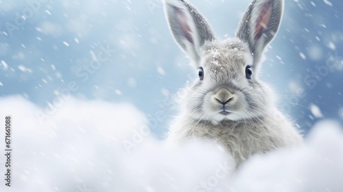 Portrait of a Snowshoe hare against white winter snowfall ambience background with space for text  background image  AI generated
