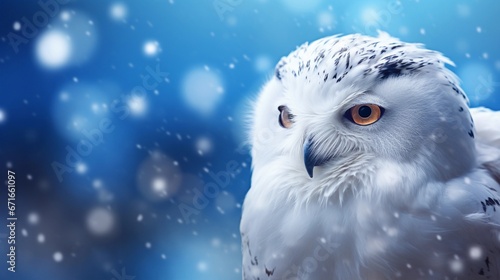 Portrait of a Snowy owls against winter snowfall ambience background with space for text, background image, AI generated