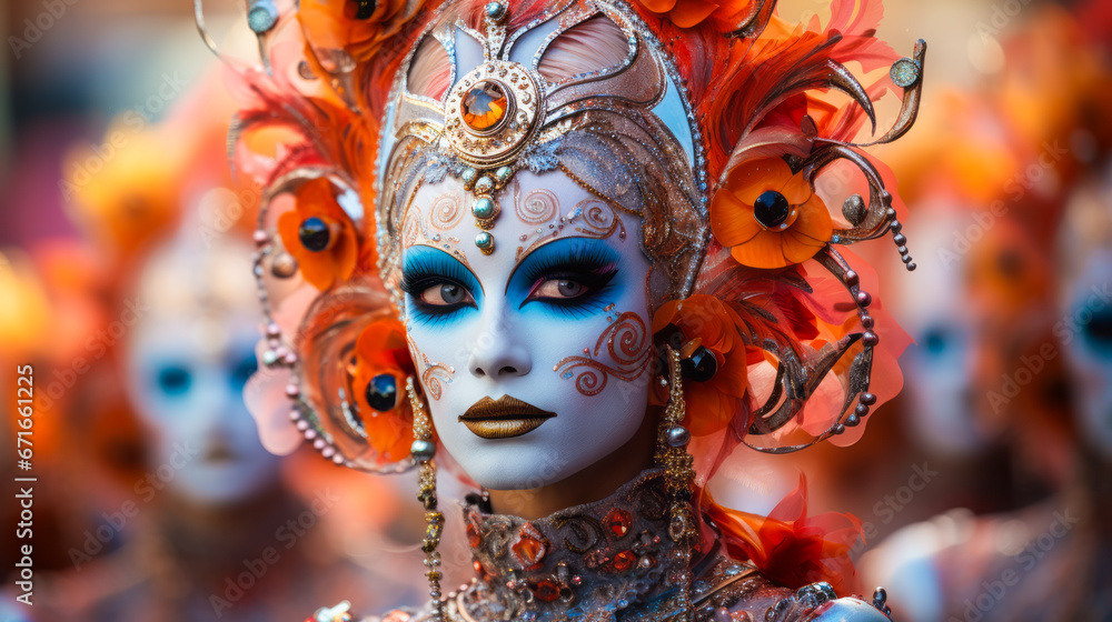 Carnival participants in extravagant costumes in Santa Cruz de Tenerife, Spain. - obrazy, fototapety, plakaty 