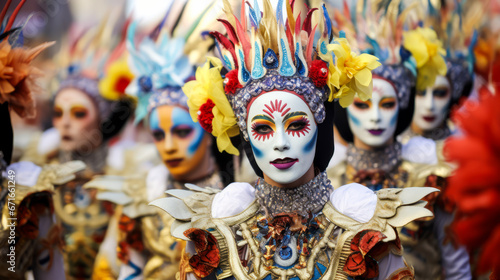 Carnival participants in vibrant costumes marching in Santa Cruz, Spain.