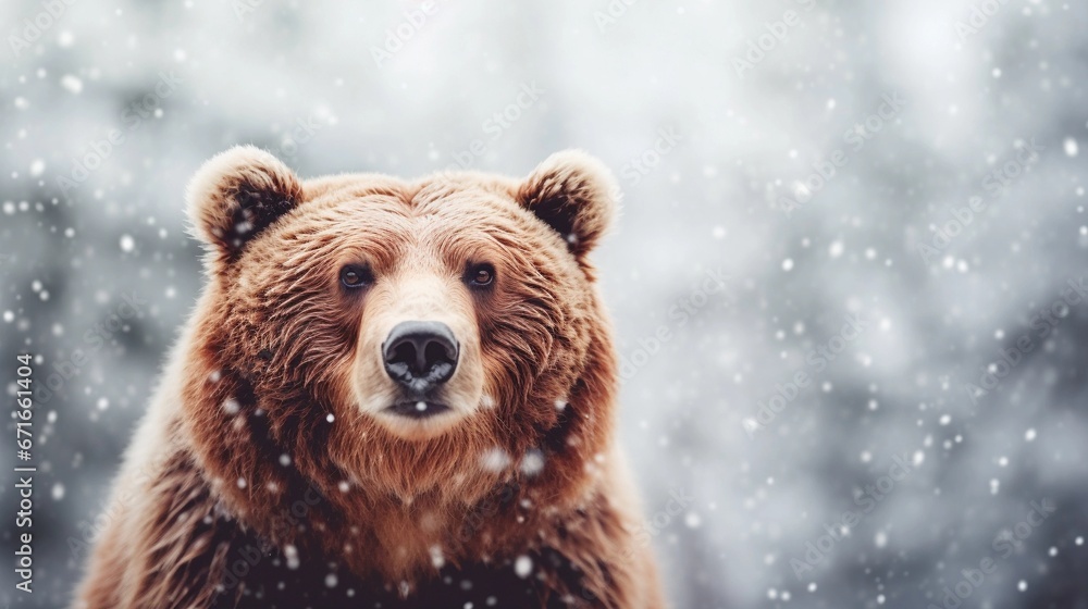 Big brown bear against winter snowfall ambience background with space for text, background image, AI generated - obrazy, fototapety, plakaty 