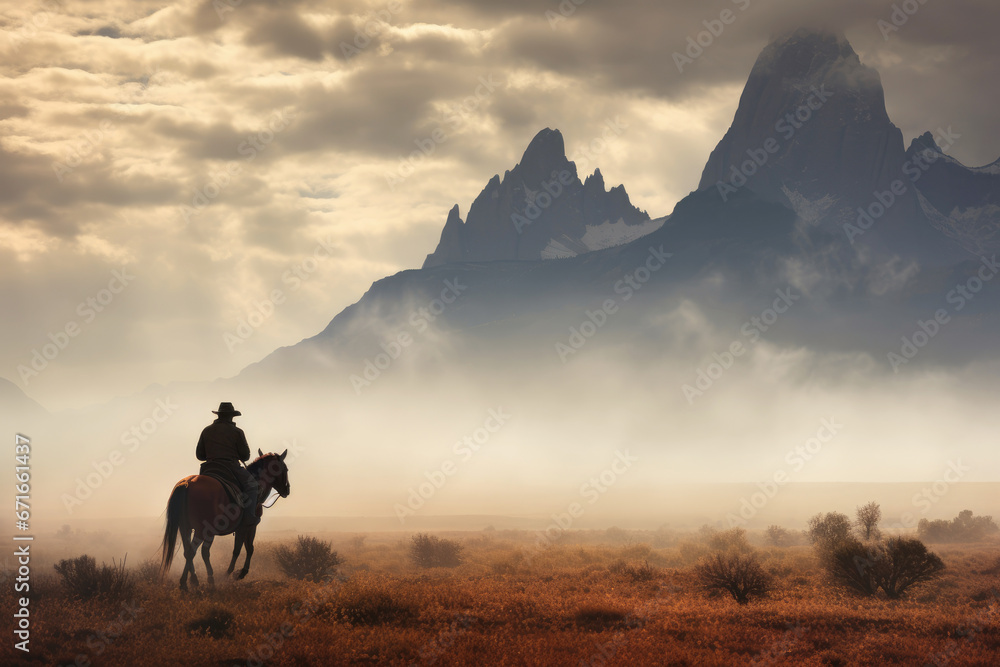 cowboy riding a horse against the background of a breathtaking landscape of misty mountains
