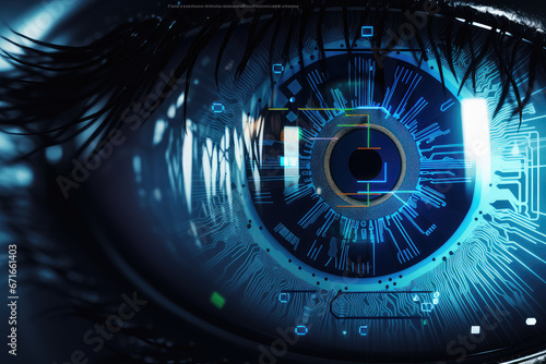 Closeup human eye banner with ample copy space. Highlighting Lasik vision correction and cyber elements for biometric data security. A compelling image for your tech and security projects. #671661403