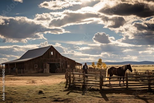 Rustic Ranch Landscape with Horse and Cowboy photo