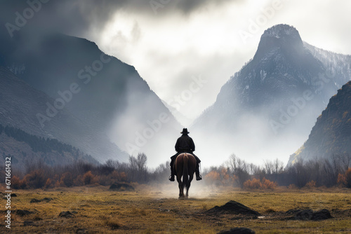 Cowboy Riding Horse in Misty Mountain Valley © gankevstock