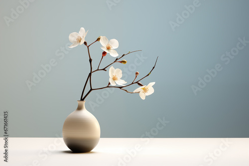 Dogwood branch in a white vase, minimal flower arrangement photo