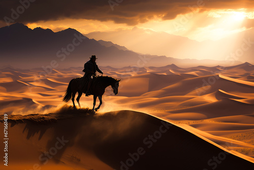 Cowboy Riding Horse Against Breathtaking sand dunes Landscape