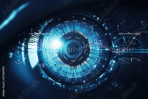 Closeup human eye banner with ample copy space. Highlighting Lasik vision correction and cyber elements for biometric data security. A compelling image for your tech and security projects. photo