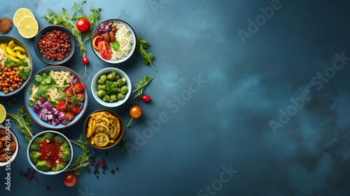 vegetables fruits fruits and vegetables in bowls on a blue background