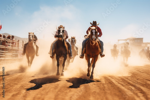 group of rugged cowboys riding a horses during rodeo