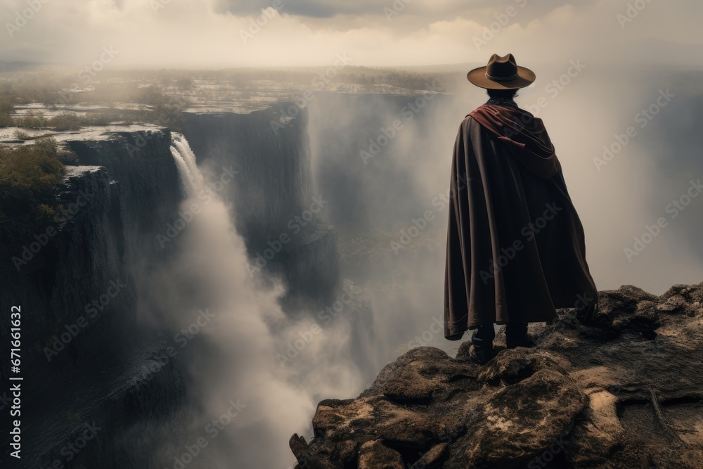epic scene of cowboy on a cliff against the background of a waterfall epic scene of cowboy on a cliff against the background of a waterfall