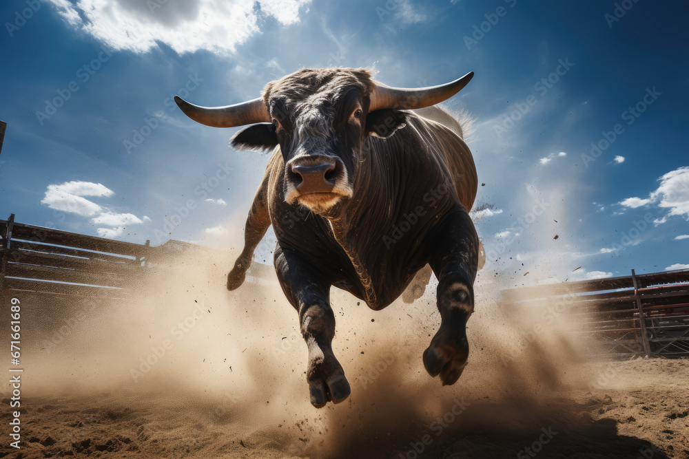 Fury Unleashed, A Rodeo Performance of an Angry Bull in Motion - obrazy, fototapety, plakaty 