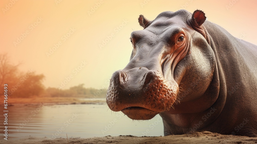 Portrait of a big male Hippo against savanna river ambience background with space for text, background image, AI generated - obrazy, fototapety, plakaty 