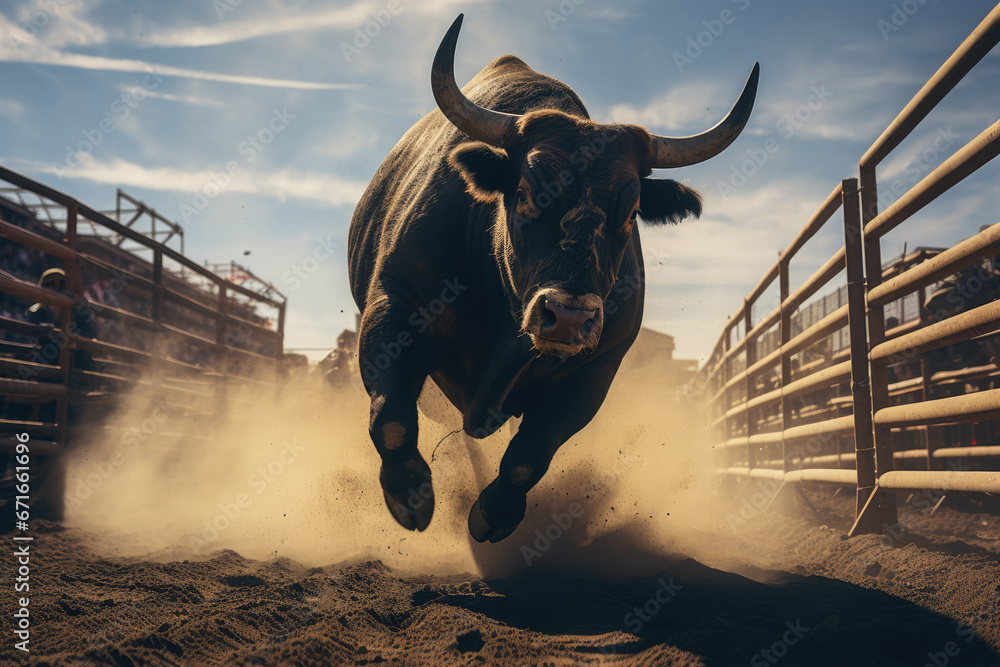 angry bull runs into the rodeo arena - obrazy, fototapety, plakaty 