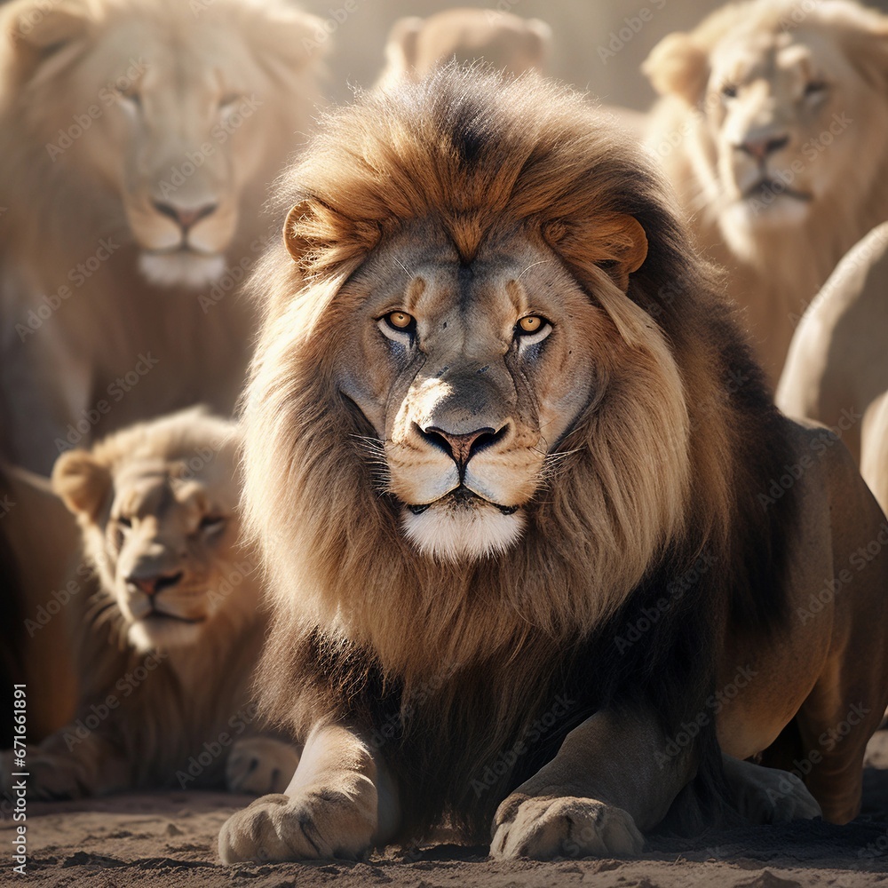 Fototapeta premium Big male Lion against a herd of lions ambience background, background image, AI generated