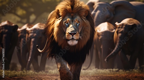 Big male Lion against a herd of lions ambience background, background image, AI generated