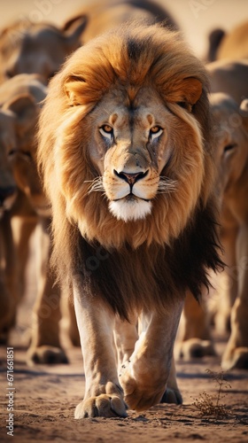 Big male Lion against a herd of lions ambience background, background image, AI generated © Hifzhan Graphics