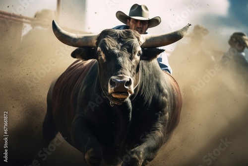 Bucking action during the bull riding competition at a rodeo