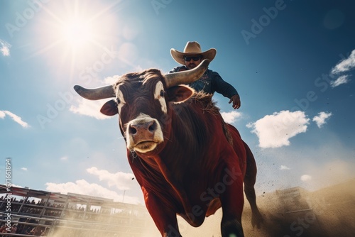 Bucking action during the bull riding competition at a rodeo © gankevstock