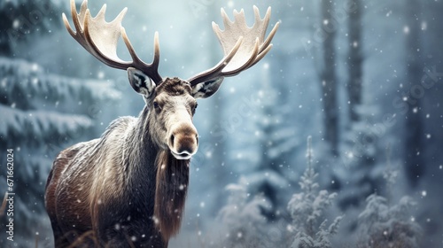 Big male Moose against winter snowfall ambience background with space for text, background image, AI generated © Hifzhan Graphics