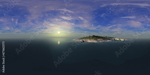 Tropical island with a palm tree at sunset. HDRI, environment map , Round panorama, spherical panorama, equidistant projection, panorama 360, seascape, 3d rendering.