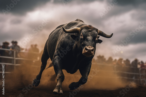 Strength and Fury  An Angry Bull Running in a Rodeo Arena