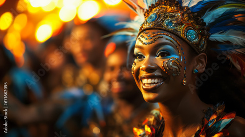 Flamboyantly costumed dancers parade at Rio Carnival, Brazil. photo