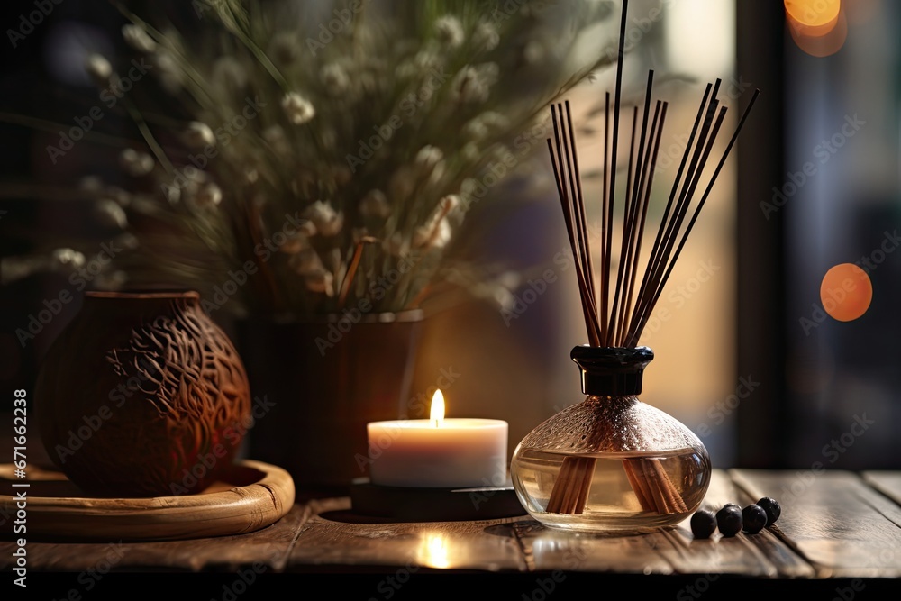Table in spa salon with candles and reed freshener, space for text. Table in spa salon with candles and reed freshener, space for text.