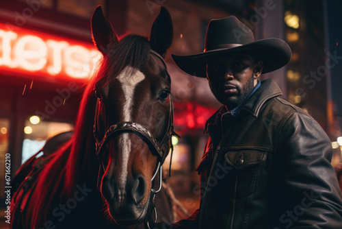 African American Cowboy with Horse on Modern City Street at Night photo