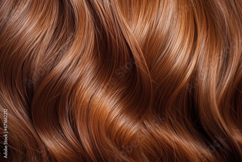 Background of brown hair in close-up. Women s long  beautifully styled wavy hair with shiny curls. Coloring and hairdressing procedures including extensions.