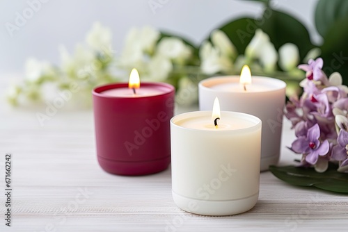 Using scented candles to relax on a white wooden table.