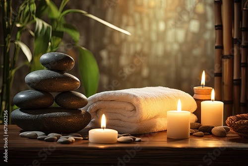 Candles, stones, and towel on spa massage table are burning.