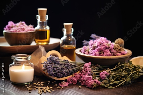Marketing spa products with a closeup of spa accessories and a beautiful composition on a wooden table.