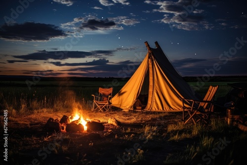 old fashioned outdoor cowboy camping with tent and campfire, night sky view