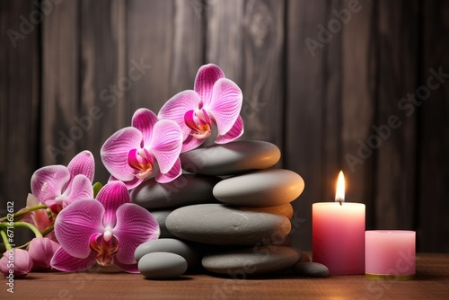 Pink orchid, candle, stone on wooden background, ideal for spa salons. Empty area for text.