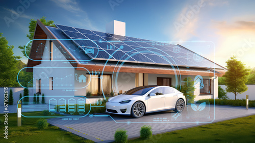 Green technology – an electric car and a solar-powered residence. Experience eco-friendly living at its finest, with zero emissions and renewable energy sources.