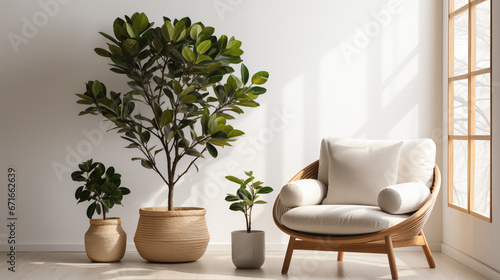 Rubber Plant in bright and serene white room designed in a minimalist style