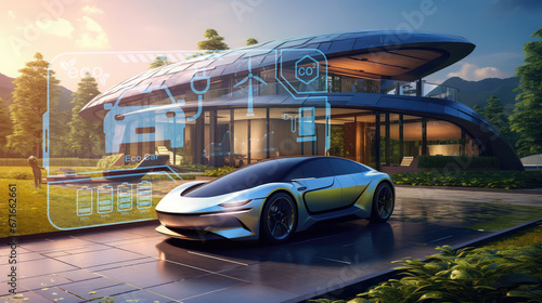 Green technology – an electric car and a solar-powered residence. Experience eco-friendly living at its finest, with zero emissions and renewable energy sources. photo