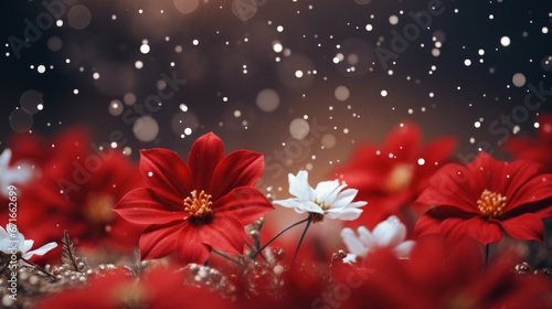 red flower and snow  background ,generate ai