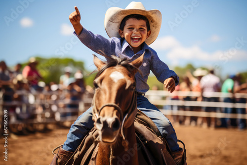 happy young Cowboy on horseback at rodeo event